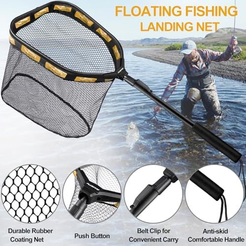 PLUSINNO Floating Fishing Net for Steelhead, Salmon, Fly, Kayak, Catfish, Bass, Trout Fishing, Rubber Coated Landing Net for Easy Catch & Release, Compact & Foldable for Easy Transportation & Storage