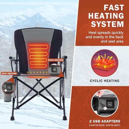 Heated Folding Camping Chair Portable for Outdoor Sports, Fully Padded Heated Lawn Chair Support 400lbs, Collapsible Heated Camp Chair with 3 Heat Levels for Outside, Gray(2 Battery Pack Required)