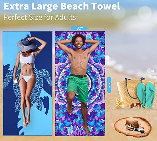 2 Pack Lightweight Thin Beach Towel Oversized 71"x32" Big Extra Large Microfiber Sand Free Towels for Adult Quick Dry Travel Camping Beach Accessories Vacation Essential Gift Blue Sea Turtle Mandala