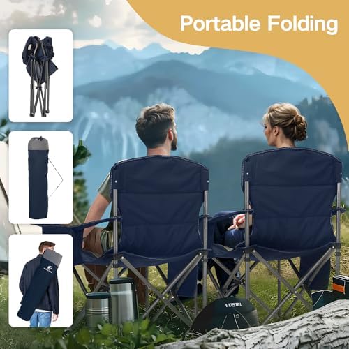 ALPHA CAMP Oversized Camping Folding Chair Heavy Duty with Cooler Bag Support 450 LBS Steel Frame Collapsible Padded Arm Quad Lumbar Back Chair Portable for Lawn Outdoor,Blue