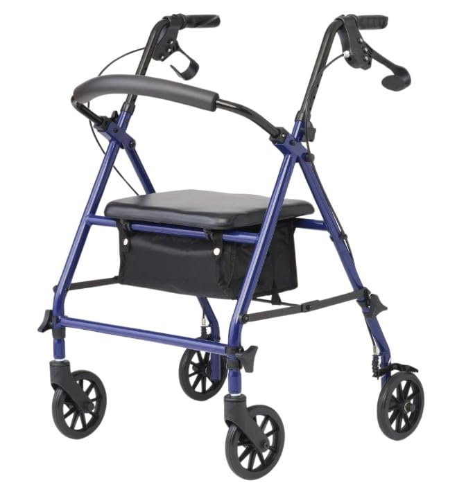 Dr. Dunley 4-Wheel Rollator Walker for Seniors FSA/HSA Eligible– Blue Rolling Walker with Seat, Hand Brakes & Storage – Heavy Duty Frame Supports 350 lbs – Foldable Mobility Aid