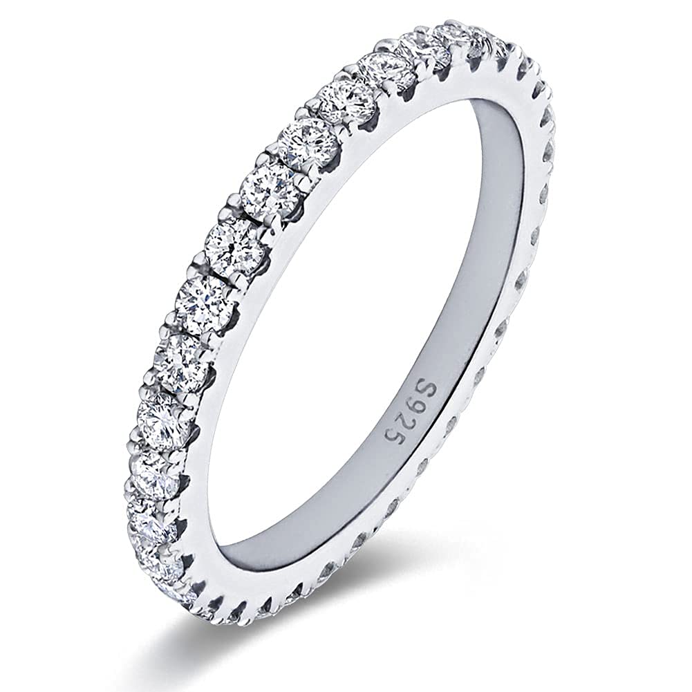 Bo.Dream 2.2mm Round Cubic Zirconia CZ Wedding Full Eternity Band Rings Sterling Silver Size 6