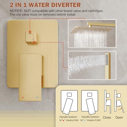 Shower System, Gold Shower Faucet Set with 12-Inch Rain Showerhead and Handheld Spray, Wall Mounted High-Pressure Showerhead Combo Set Included Valve and Trim, Brushed Gold