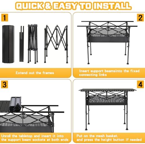 Height Adjustable Camping Table, Outdoor Folding Camping Table with Mesh Storage/Carrying Bag, Portable Aluminum Roll-up Table for Camping, Party, Backyard, BBQ