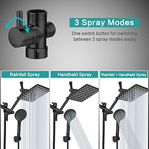 Shower Head 10ββ High Pressure Rainfall Shower Head/Handheld Shower Combo with 11'' Extension Arm, 9 Settings Anti-leak Head with Holder, Height/Angle Adjustable, Chrome, Matte Black