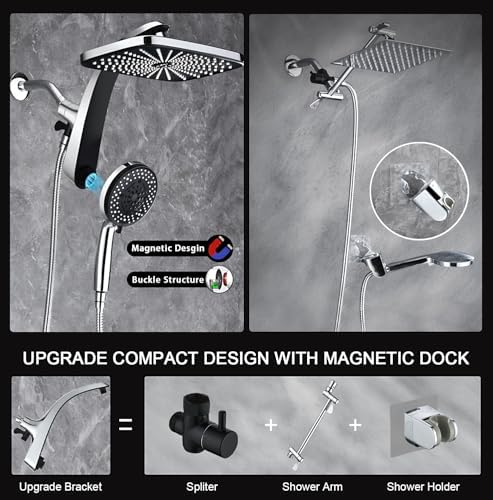 High Pressure Rain Shower Head: Upgrade Shower Heads with Handheld Spray Combo with Fixed Showerhead and 10 Sprays Handheld Shower Head, Detachable Shower head Built-in Magnetic Docking and Power Jets