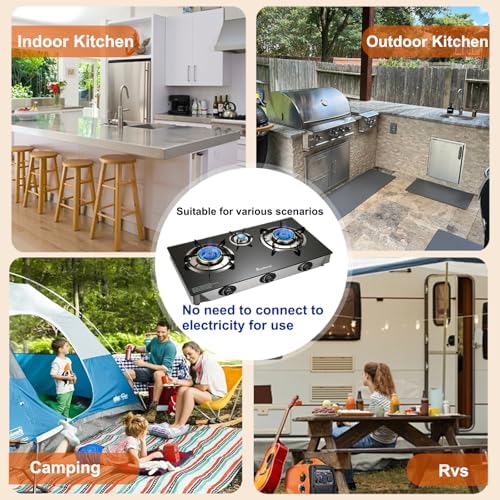 Propane Stove 3 Burner Gas Stove, 34000 BTU High-Efficiency Auto Ignition Tempered Glass LPG Cooktop with CSA Regulator and Hose – for Outdoor Camping, RV, and Emergency Cooking