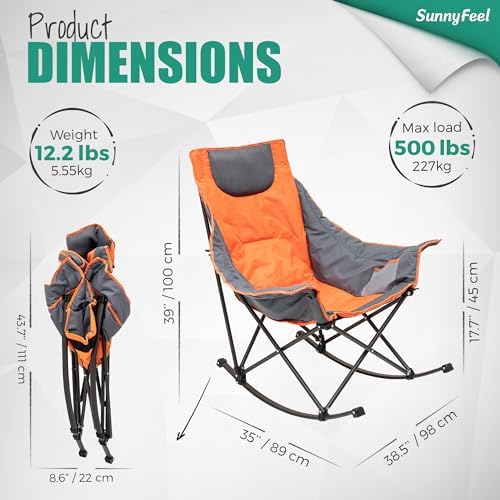 SUNNYFEEL Oversized Heated Camping Chair, Folding Rocking Camping Chairs with Luxury Padded Recliner,Carry Bag, 500 LBS Heavy Duty for Lawn/Outdoor/Picnic/Patio, Portable Rocker Camp Chair