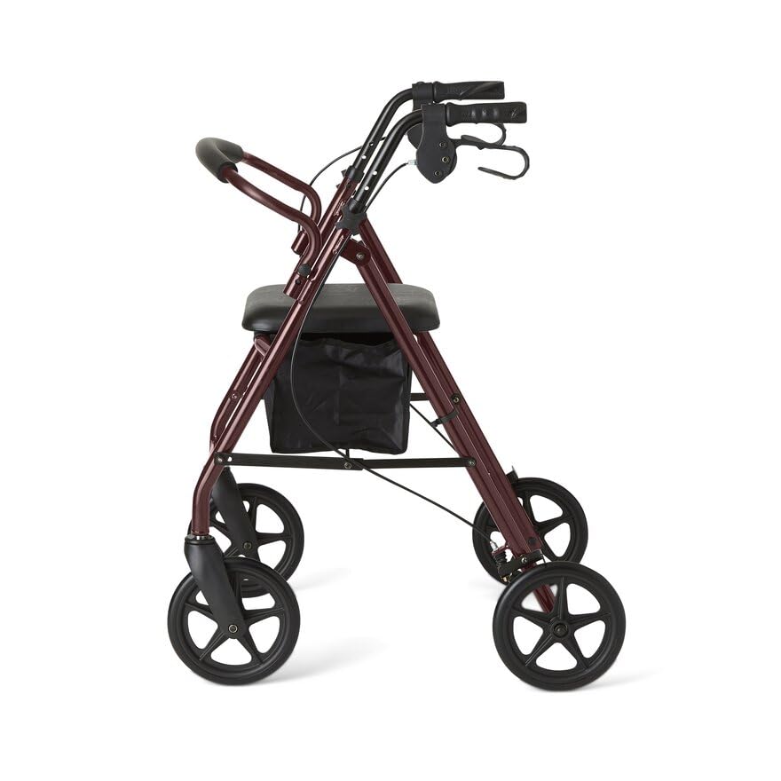 Medline Lightweight Aluminum Rollator Walker for Adult Mobility Impairment, Burgundy, 300 lb. Weight Capacity, 8" Wheels, Foldable, Adjustable Handles, Walker for Seniors