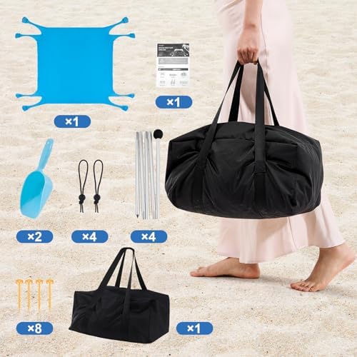 Beach Tent Sun Shelter, Beach Shade Canopy UPF50+, 10x10ft Canopy Tent with 8 Sandbags, Sand Shovels, Ground Pegs & Stability Poles, Pop Up Shade Tent for Beach, Camping, Fishing