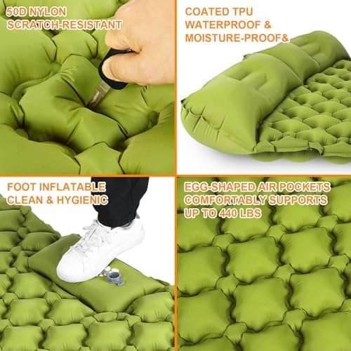 Double Sleeping Pad, Ultralight 4" Extra-Thick Self Inflating Sleeping Mat for 2 Person with Pillow Built-in Foot Pump Portable Camping Mat for Backpacking, Hiking, Traveling, Tent, Camping