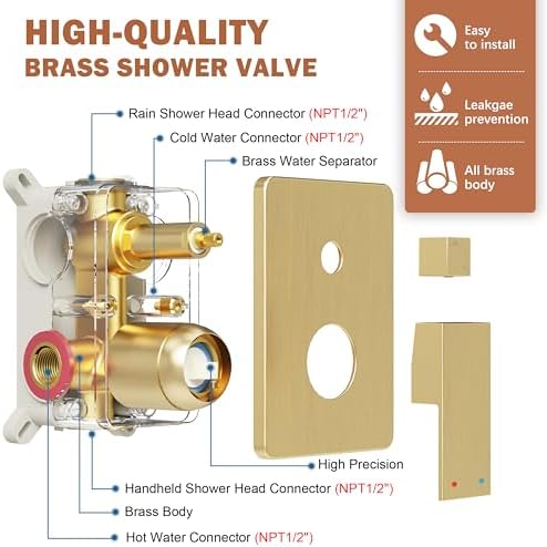 Shower System, Gold Shower Faucet Set with 12-Inch Rain Showerhead and Handheld Spray, Wall Mounted High-Pressure Showerhead Combo Set Included Valve and Trim, Brushed Gold