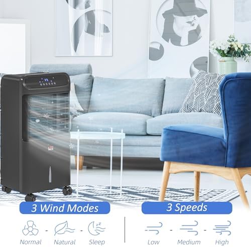 HOMCOM 32" Evaporative Air Cooler, 60° Oscillating, 3-In-1 Ice Cooling Fan, Portable Swamp Cooler with Humidifier, Water Tank for Home Office, 3 Modes, 3 Speeds, 12H Timer, Remote, Black