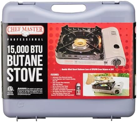 Chef Master 15,000 BTU Portable Butane Camping Stove COMBO with 4 x 8oz. Butane Fuel Canister, Double Wind-Guard Portable Stove Burner for Emergency, Road Trip, Backpacking & Camping Essential - 90019