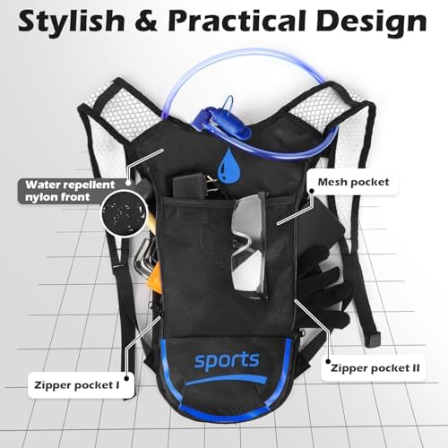 2 Pack Hydration Backpack Pack with 2L Hydration Bladder, TNYSPORT Lightweight Breathable Water Backpack with 3 Layer Pockets, Reinforced Shoulder Straps