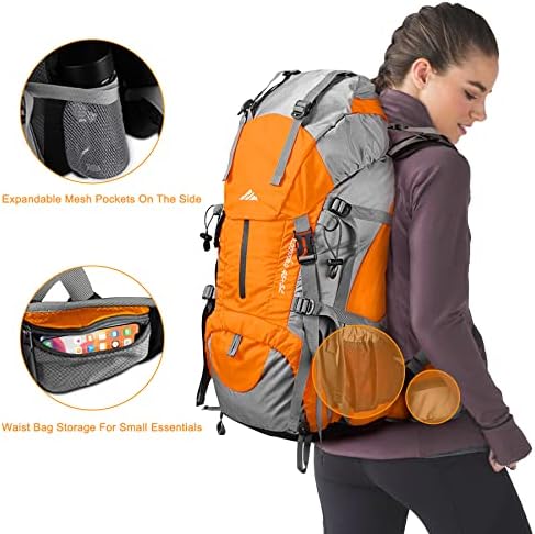 Loowoko 50L Hiking Backpack, Waterproof Camping Essentials Bag with Rain Cover, 45+5 Liter Lightweight Backpacking Back Pack