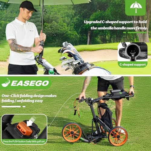 Golf Push Cart 3 Wheel : Golf Bag Cart Foldable with Phone Holder/Cup/Umbrella Holder Compact Golf Pull Carts Quick Fold Golf Caddy Push Carts with Large Wheelbase for Different Terrain
