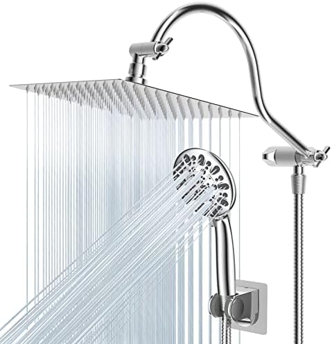 Hibbent All Metal Shower Head, 10'' High Pressure Rainfall Shower Head/Handheld Showerhead Combo with 12'' Adjustable Curved Shower Extension Arm, 7 Sprays, 71'' Shower Hose, Showerhead Holder, Chrome