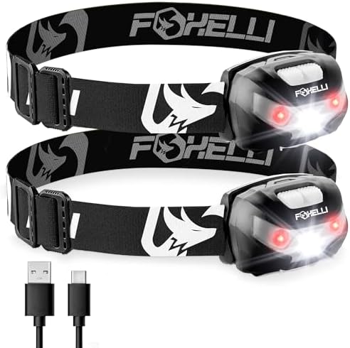 Foxelli Rechargeable LED Headlamp - Super Bright, Lightweight and Comfortable Head Light for Running, Camping, Hiking and Work, Suitable for Adults and Kids