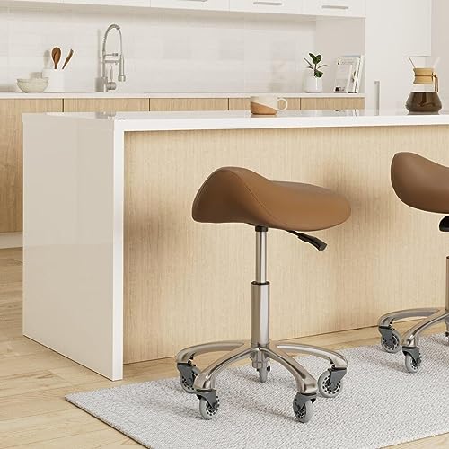 FRNIAMC Professional Saddle Stool with Wheels Ergonomic Swivel Rolling Height Adjustable for Clinic Dentist Beauty Salon Tattoo Home Office (Camel)