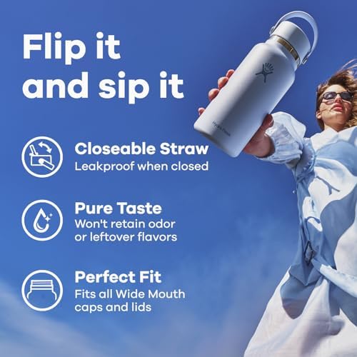 HYDRO FLASK Wide Mouth vacuum insulated stainless steel water bottle with leakproof closeable straw lid for cold water drinks, sports, travel, car and school