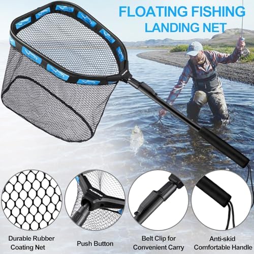 PLUSINNO Floating Fishing Net for Steelhead, Salmon, Fly, Kayak, Catfish, Bass, Trout Fishing, Rubber Coated Landing Net for Easy Catch & Release, Compact & Foldable for Easy Transportation & Storage
