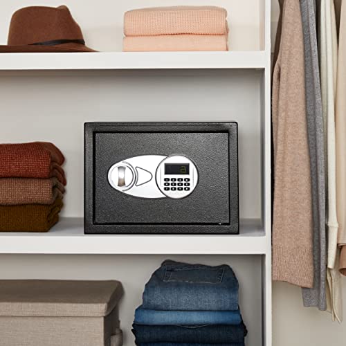 Amazon Basics Steel Security Safe and Lock Box with Electronic Keypad, Secure Documents Storage, Black, 0.5 Cubic Feet, 13.8"W x 9.8"D x 9.8"H, Removable Shelf