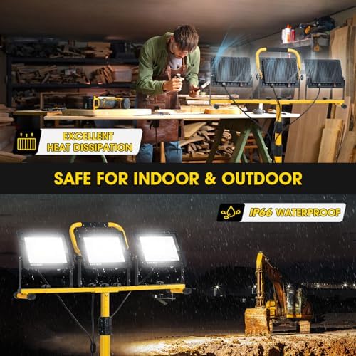 21000Lumen LED Work Lights with Stand - 3 Head Portable Work Light with 16FT Cord - IP66 Waterproof Tripod Worklights for Outdoor Indoor Job Site Workshop Garage Construction Site Lighting