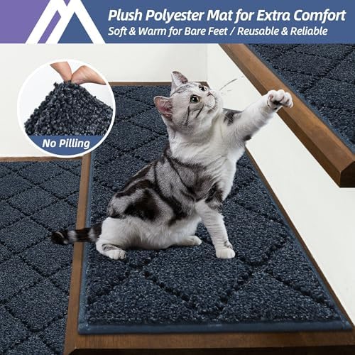 COSY HOMEER Edging Stair Treads Non-Slip Carpet Mat 28inX9in Indoor Stair Runners for Wooden Steps, Edging Stair Rugs for Kids and Dogs, 100% Polyester TPE Backing (15pc, Navy)