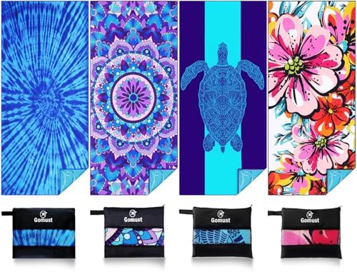 4 Pack Lightweight Thin Beach Towel Oversized 71"x32" Big Extra Large Microfiber Sand Free Towels for Adult Quick Dry Travel Camping Beach Accessories Vacation Gift Turtle Tie Dye Mandala Flower