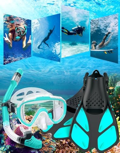 Snorkeling Gear for Adults Men Women,4 in 1 Snorkel Set with Panoramic View Diving Mask Anti-Fog Anti-Leak,Dry Top Snorkel,Fins and Travel Bag for Swimming,Snorkeling and Travel Diving