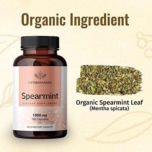 Spearmint 100 Capsules - 1000 mg - Organic Mentha Spicata Dietary Daily Supplement - Natural Support for Digestive & Respiratory Function - for Stress Relief - Vegan, Non-GMO