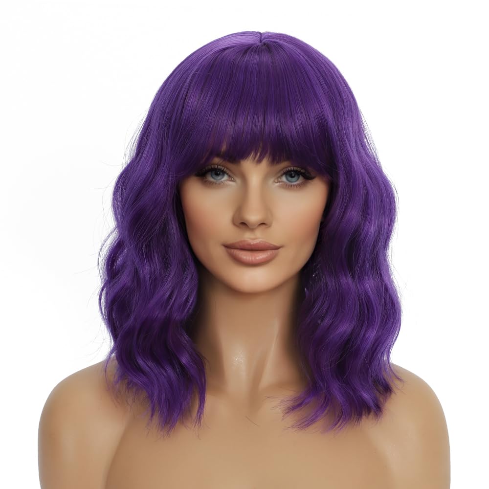 Mxayhnajxl Dark Purple Wigs with Bangs for Women 14 Inch Short Wavy Bob Wigs Synthetic Bob Wig Curly Wig Heat Resistant Colorful Wavy Wig Cosplay Wigs For Daily Party Halloween