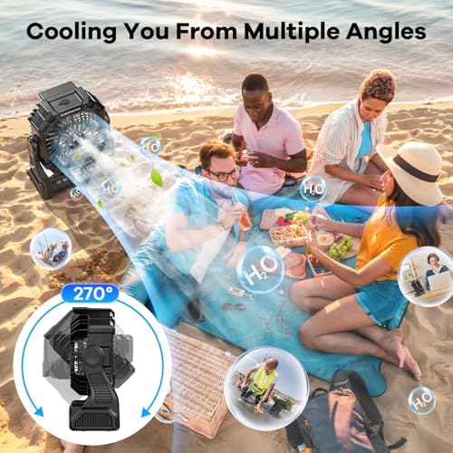 Misting Fan Portable with RGB Lantern, 12000 mAh Rechargeable Camping Mist Fan with Emergency Battery Power Bank Hurricane Supplies, Perfect Cooling Mister for Outdoor Travel