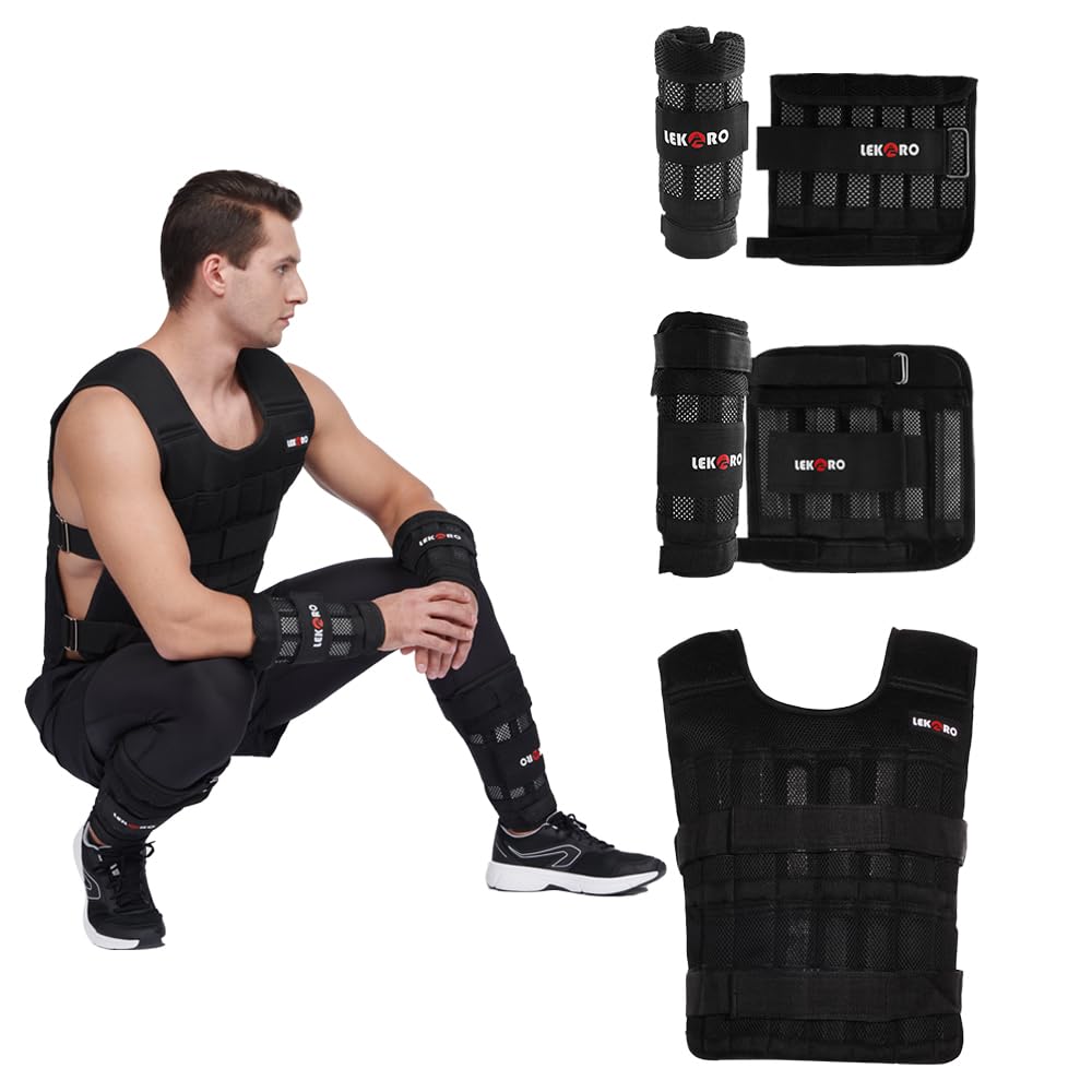 Adjustable Weighted Vest Set with Arm Weights and Leg Weights, Weight Training Workout Set, Weights Jacket & Wrist Weights & Ankle Weights (Including Weights: 50 Steel Plates)