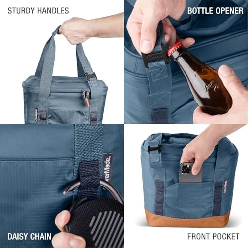 CleverMade Pacifica Collapsible Insulated Cooler Bag – 18 Can Leakproof Soft Folding Cooler for Beach, Travel, Car – Bottle Opener – Cool Gray/Cognac