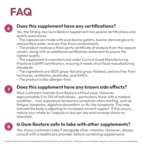 Strong Jaw Gum Restore - Gum Care + Teeth Vitamins - Gum Health & Oral Health - Supports Receding Gums & Gum Care - Dental Vitamins for Adults – 180 Capsules, Non-GMO Gum Health Supplements