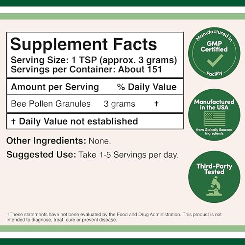 Bee Pollen Supplement - 1lb (16 OZ) of Raw Bee Pollen Granules (151 Servings of 3 Grams Each with Scoop) Superfood High in Vitamins, Minerals, and Protein by Double Wood