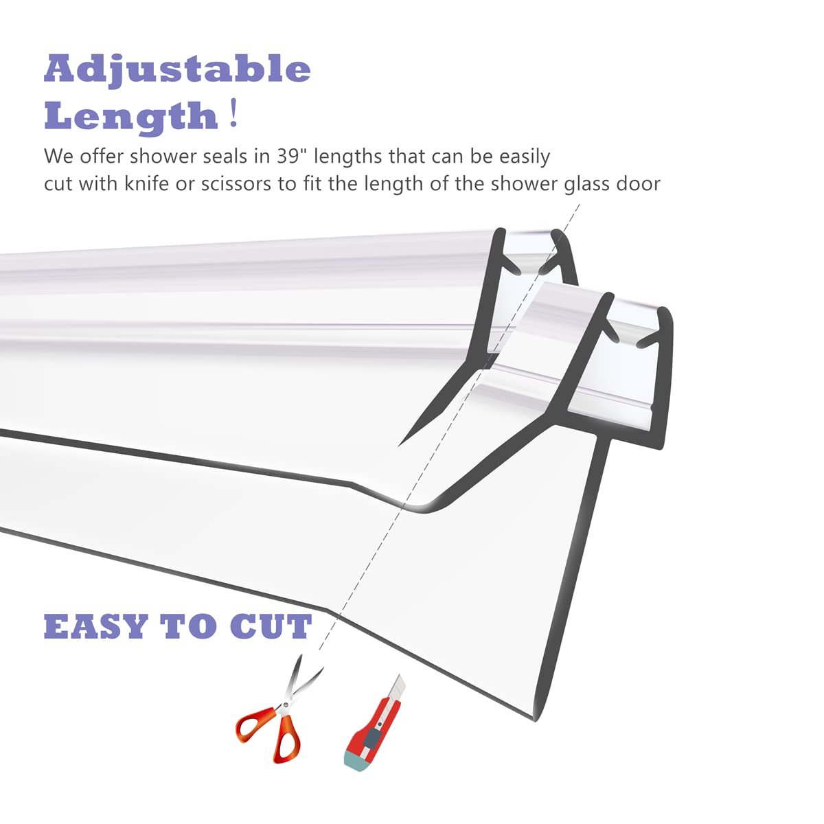 GEZMR 2-Pack Frameless Shower Door Bottom Seal (1/4'' X 39'') Clear Glass Shower Door Sweep Strip can Covers up to 23mm Gap - Stop Leaks