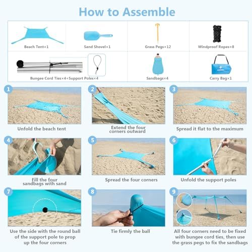 Beach Tent Sun Shelter 10 x 10FT with 8 Sandbags, UPF 50+ Protection Beach Shade Canopy, Eazy Up Portable Canopy Tent for Sun, Camping, Fishing, Backyard