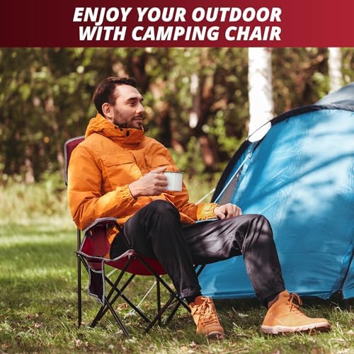 Mesh Folding Camping Chairs, Oversized Portable Outdoor Chairs, Weight Capacity 325 lbs with Cup Holder, Storage Pocket, Carry Bag Red