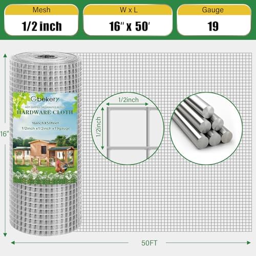 Hardware Cloth 1/2 inch 16in x 50ft 19 Gauge, Hot-dip Galvanized After Welding Chicken Wire Mesh Roll Garden Plant Welded Metal Wire Fencing Roll, Rabbit Cages Snake Fence