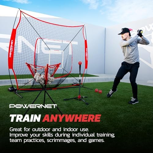 PowerNet Baseball Softball Practice Net 7x7 with Baseball Accessories for Practice Pitching, Batting & Fielding, Ball Caddy, Weighted Baseballs, Tee