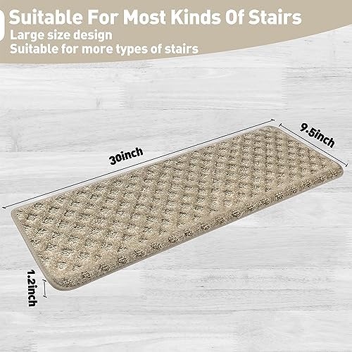 PURE ERA Bullnose Carpet Stair Treads Tape Free Non-Slip Indoor Stair Protectors Pet Friendly Stair Treads for Wooden Steps 9.5" x 30"(14 Pieces,Cream Gray Mini-Diamond Trellis)