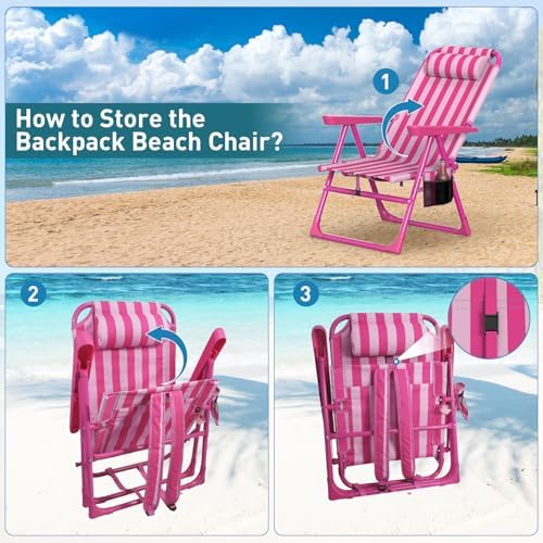 Suteck Backpack Beach Chair, 6-Positions Beach Chairs for Adults with Cooler Bag, Reclining Beach Chair with Cup Holder Folding Camping Chair for Sand Outdoor