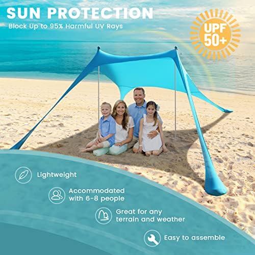 Beach Tent - 9.8 * 6.5 FT Canopy, Portable Beach Tent Sun Shelter UPF 50 with 4 Sandbags, Stability Poles, Ground Pegs and Anti-Wind Ropes, Outdoor Shade Canopy for Camping Picnics