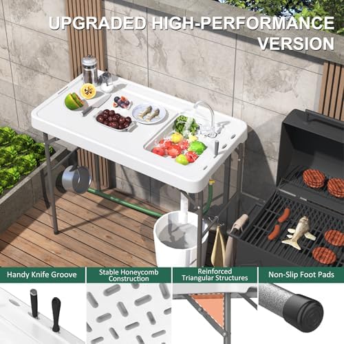 42.5" Fish Cleaning Table with Sink, Folding Camping Table & Fish Cleaning Station with Measure Mark, Camping Sink with Hose Hookup for Outdoor Picnic, Beach, Dock & Patio Use