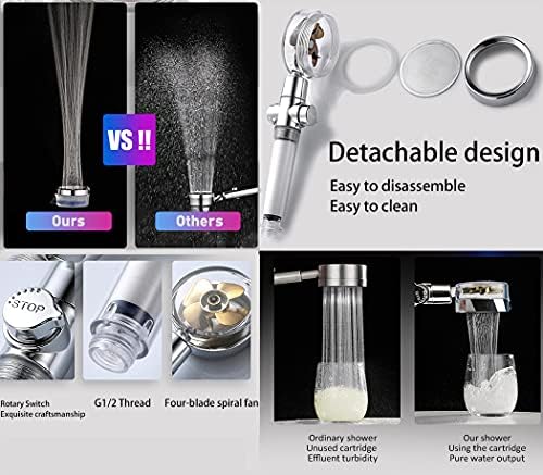 ANTOWER High Pressure Water Saving Handheld Propeller Shower head with filters Vortex shower head pause switch hydro jet shower head Easy Install Turbo Shower Head 360 Degrees Rotating