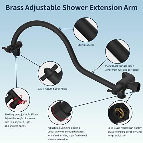 Hibbent All Metal Shower Head, 10'' High Pressure Rainfall Shower Head, Handheld Showerhead Combo, 12'' Adjustable Curved Extension Arm, 7 Sprays, 71'' Shower Hose, Showerhead Holder, Matte Black