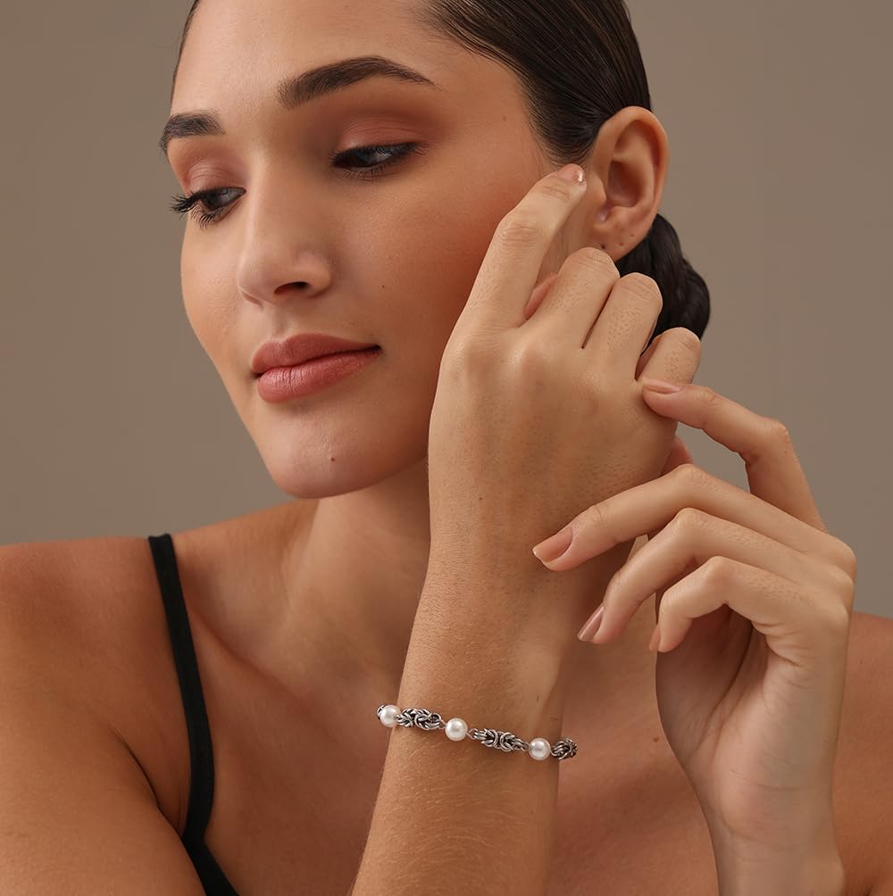 LeCalla 925 Sterling Silver Byzantine Bracelet Jewelry Italian Rhodium Plated Simulated Pearl Beaded Sliding Bolo Bracelet for Women